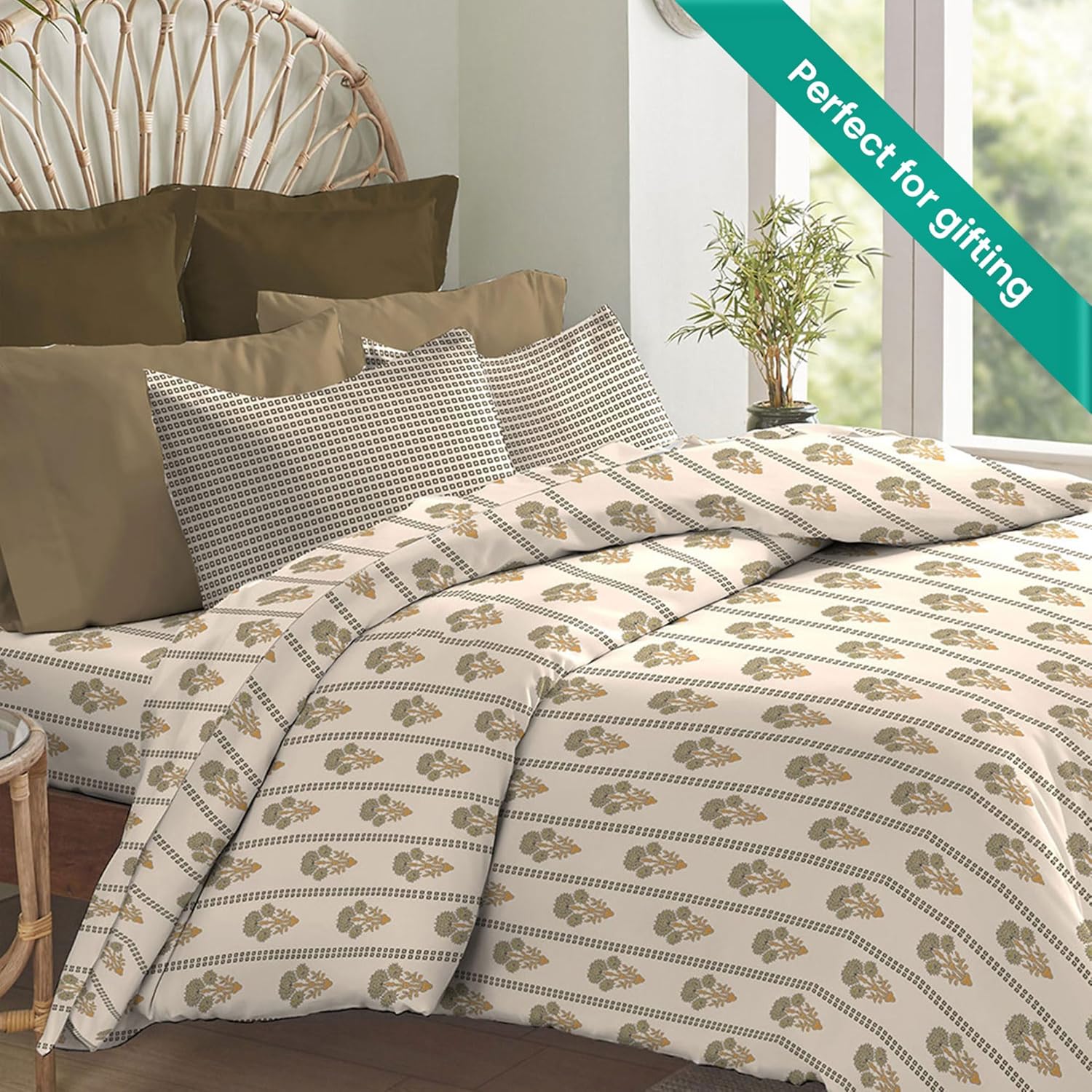 TRIDENT Earth Lover King 3-Piece Bedsheet Set, 100% Cotton, Bedsheet for Double Bed (1 King Size Bedsheet with 2 Pillow Covers) Superior Softness, 144 Thread Count-Rumi