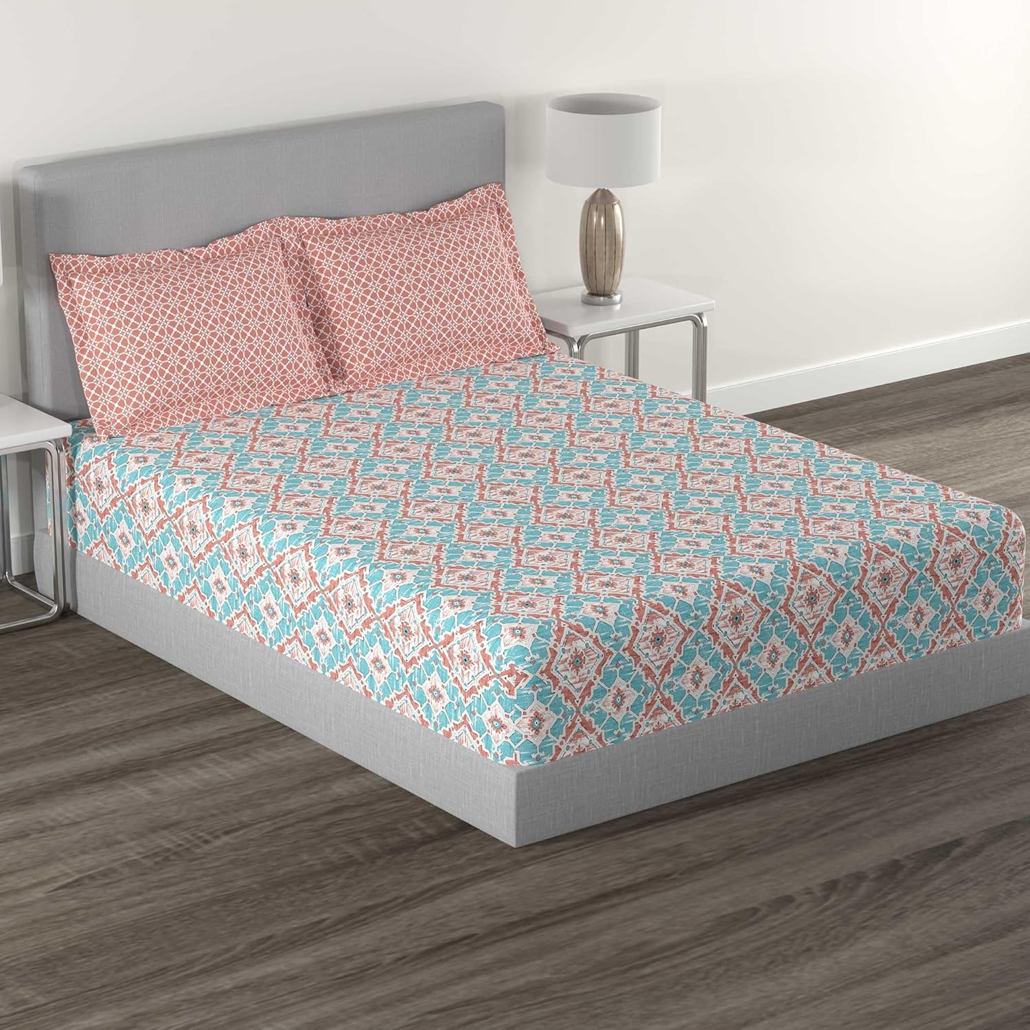 Trident bedsheet Set - Home, 100% Cotton, Bedsheet for Single Bed (1 Single Size Bedsheet with 2 Pillow Covers) Superior Softness, 144 Thread Count - Killim Peach