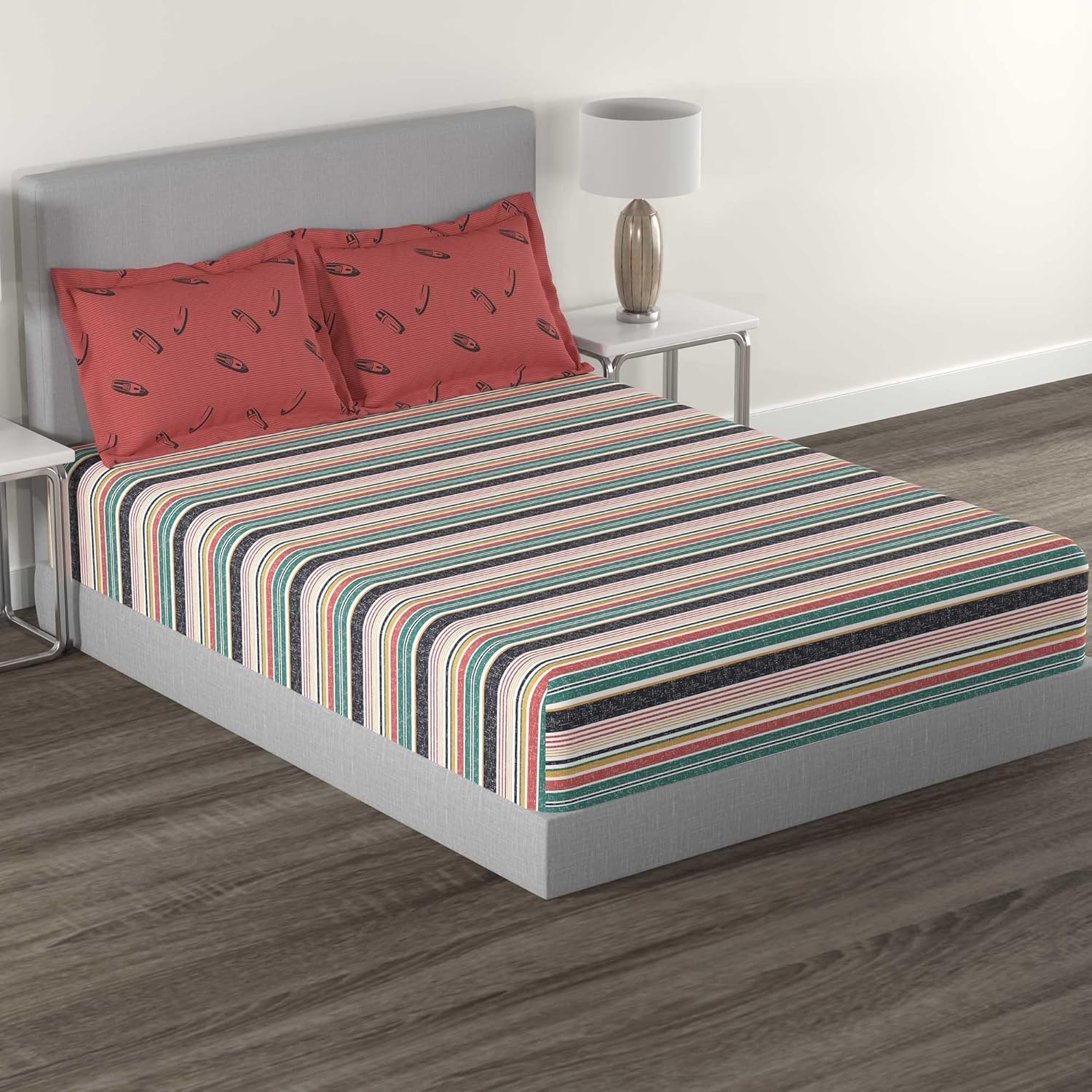 Trident bedsheet Set - Home, 100% Cotton, Bedsheet for Single Bed (1 Single Size Bedsheet with 2 Pillow Covers) Superior Softness, 144 Thread Count - Nautical Red